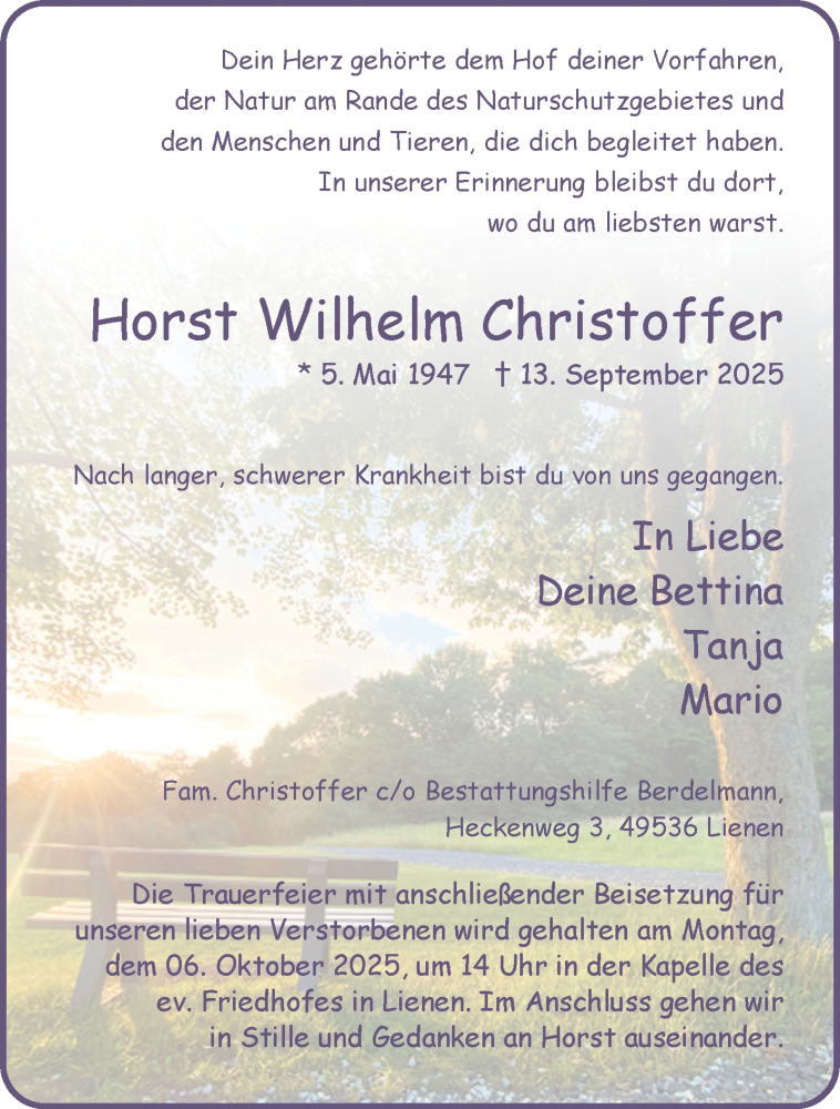  Traueranzeige für Horst Wilhelm Christoffer vom 27.09.2025 aus 