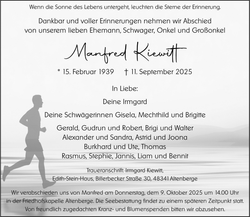 Traueranzeige für Manfred Kiewitt vom 27.09.2025 aus 