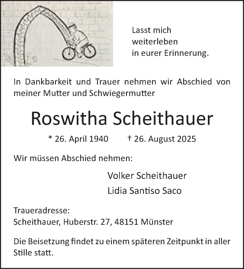  Traueranzeige für Roswitha Scheithauer vom 06.09.2025 aus 
