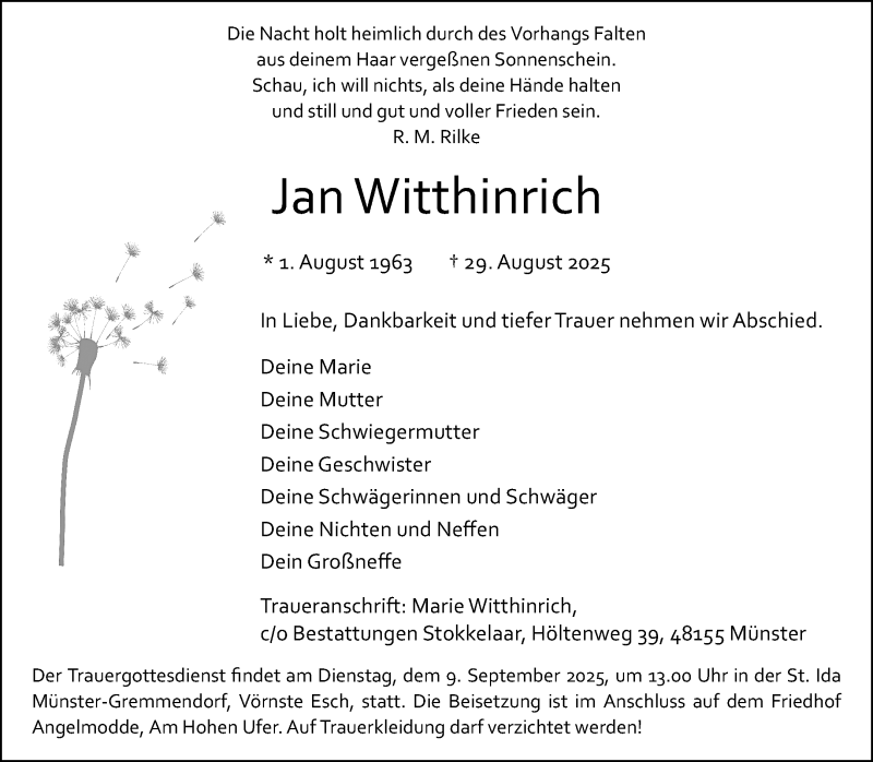  Traueranzeige für Jan Witthinrich vom 06.09.2025 aus 