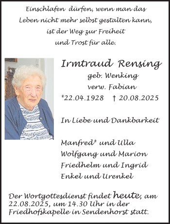 Anzeige von Irmtraud Rensing 