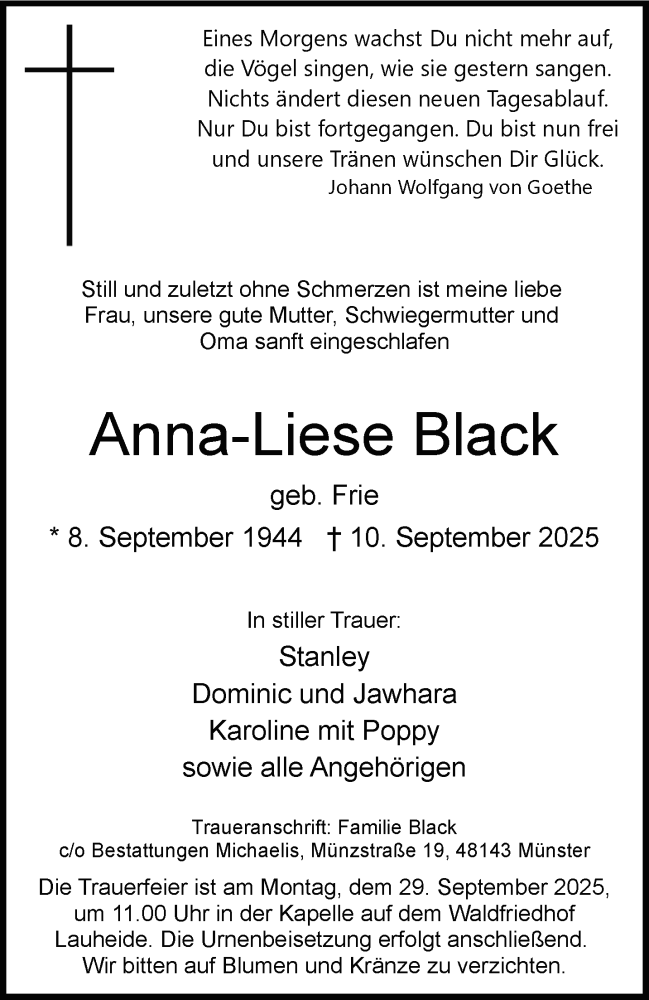  Traueranzeige für Anna-Liese Black vom 20.09.2025 aus 
