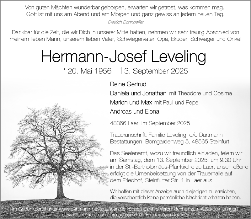  Traueranzeige für Hermann-Josef Leveling vom 06.09.2025 aus 