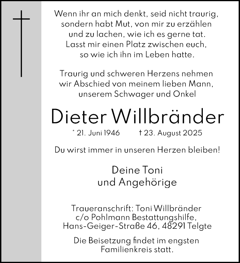  Traueranzeige für Dieter Willbränder vom 06.09.2025 aus 