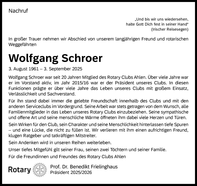  Traueranzeige für Wolfgang Schroer vom 13.09.2025 aus 