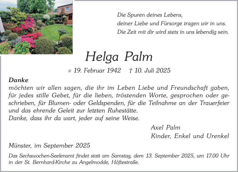 Traueranzeige für Helga Palm vom 06.09.2025 aus 