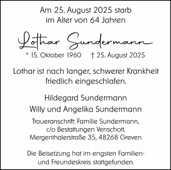 Anzeige von Lothar Sundermann 