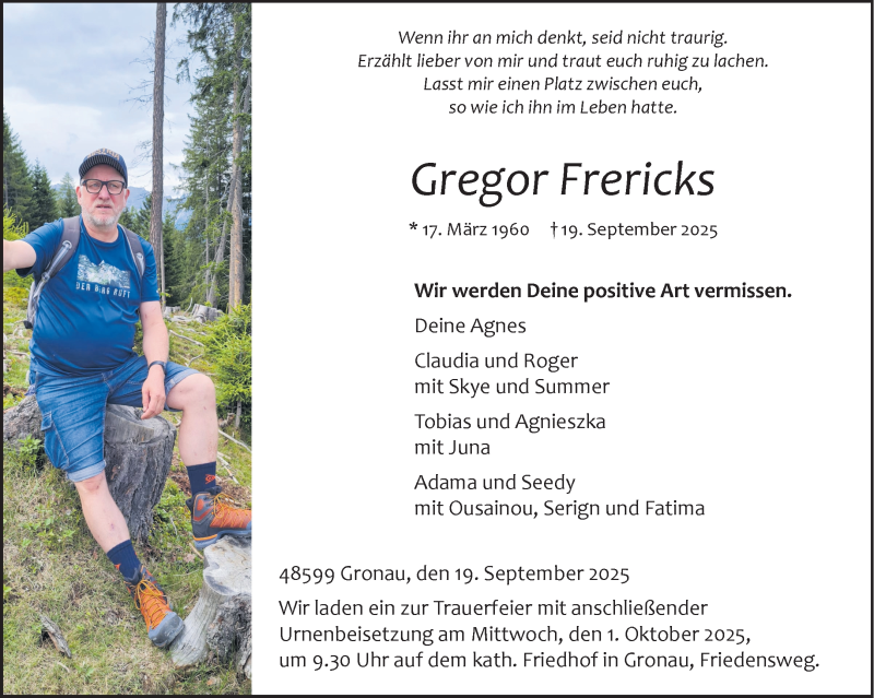  Traueranzeige für Gregor Frericks vom 25.09.2025 aus 