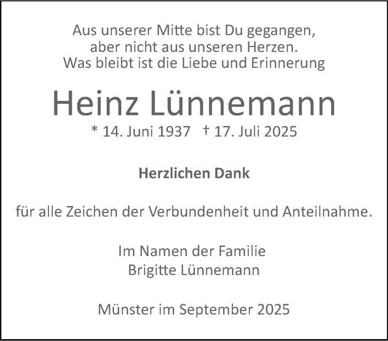  Traueranzeige für Heinz Lünnemann vom 06.09.2025 aus 