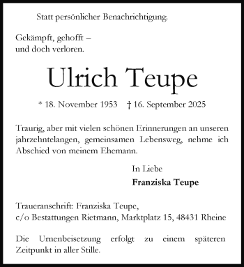 Anzeige von Ulrich Teupe 