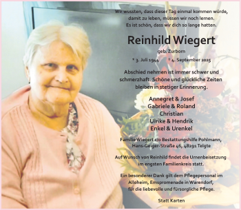 Anzeige von Reinhild Wiegert 