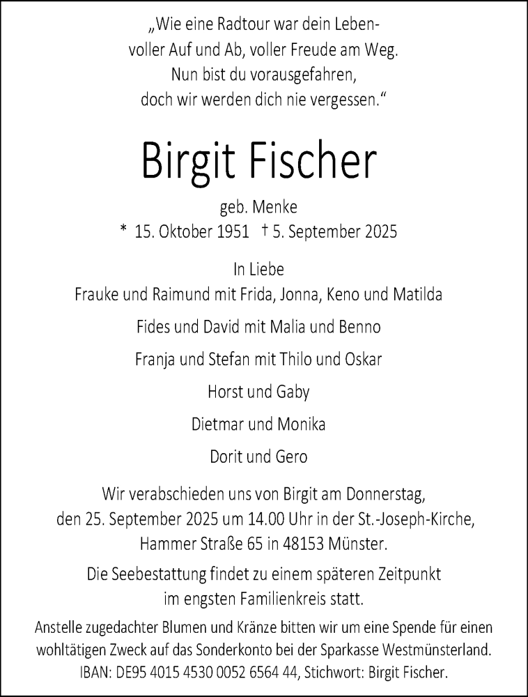  Traueranzeige für Birgit Fischer vom 13.09.2025 aus 