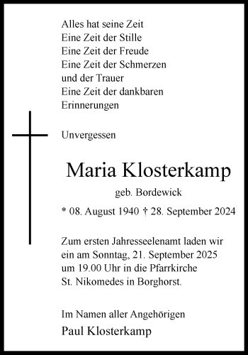 Anzeige von Maria Klosterkamp 