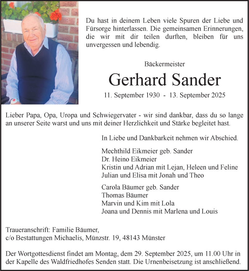  Traueranzeige für Gerhard Sander vom 20.09.2025 aus 