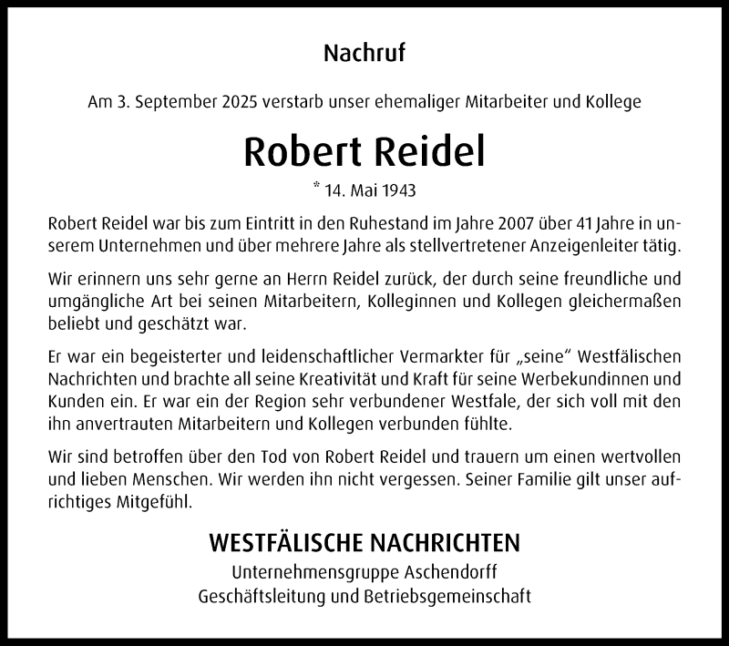  Traueranzeige für Robert Reidel vom 10.09.2025 aus 