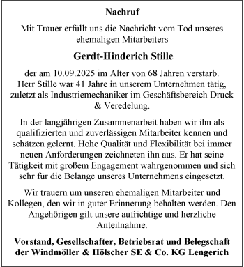 Anzeige von Gerdt-Hinderich Stille 