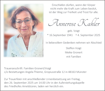 Anzeige von Annerose Kahler 