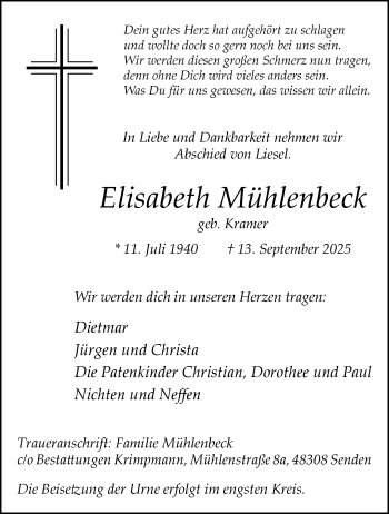 Anzeige von Elisabeth Mühlenbeck 