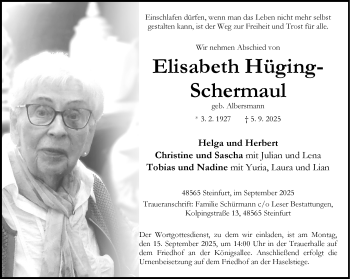 Anzeige von Elisabeth Hüging-Schermaul 