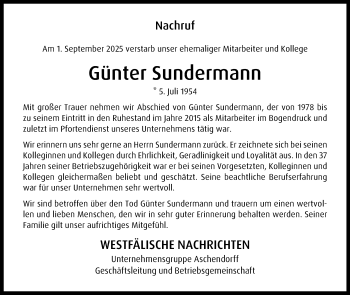 Anzeige von Günter Sundermann 