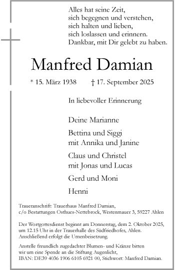 Anzeige von Manfred Damian 