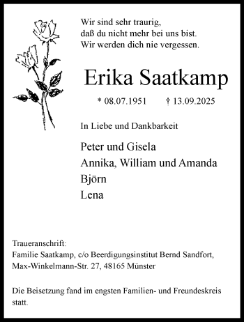 Anzeige von Erika Saatkamp 