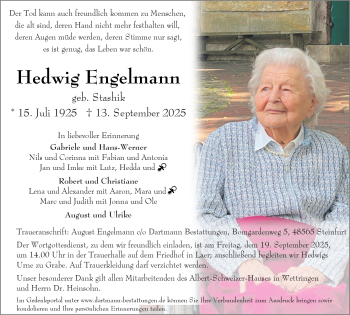 Anzeige von Hedwig Engelmann 