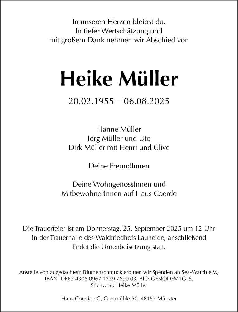  Traueranzeige für Heike Müller vom 13.09.2025 aus 