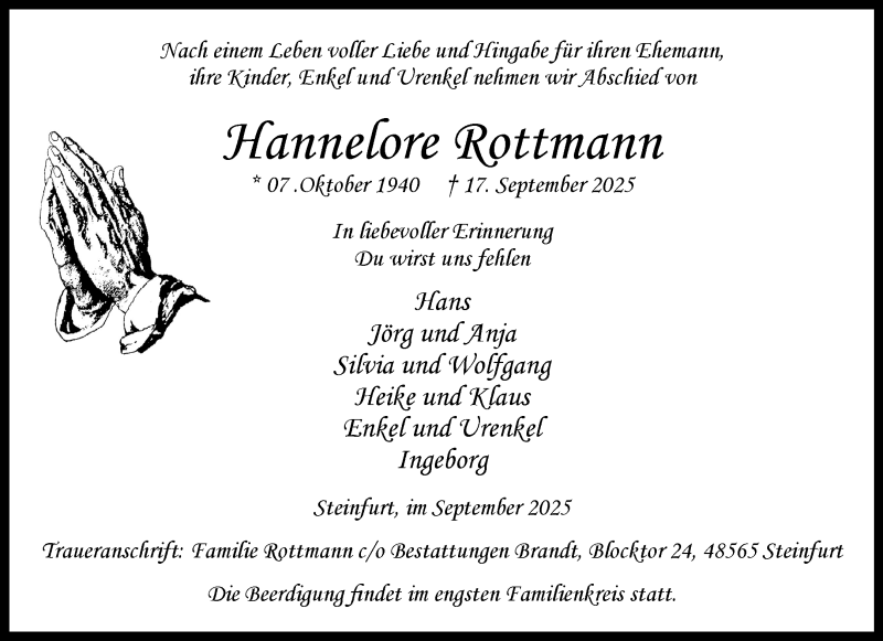  Traueranzeige für Hannelore Rottmann vom 20.09.2025 aus 