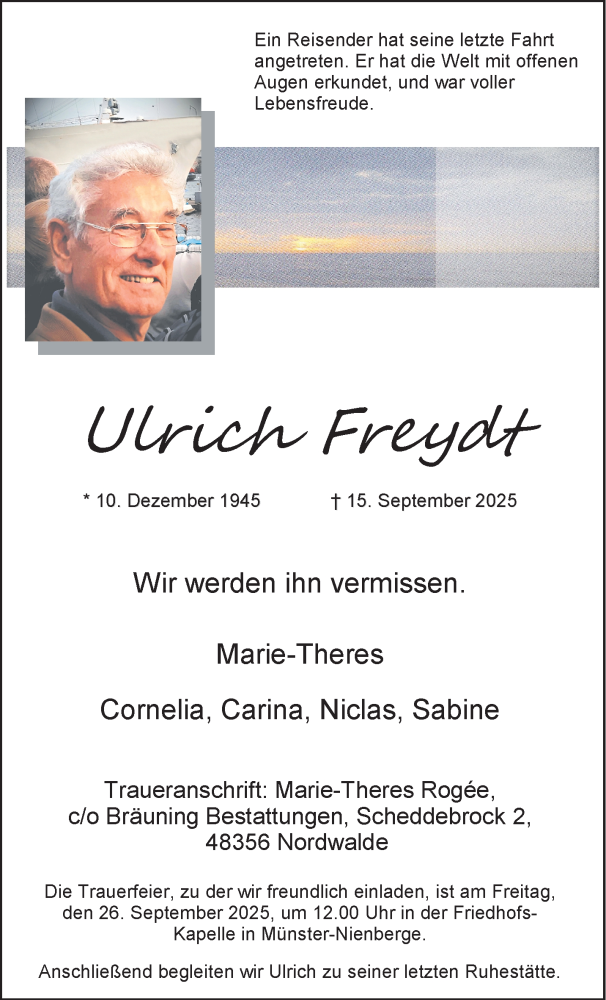  Traueranzeige für Ulrich Freydt vom 24.09.2025 aus 