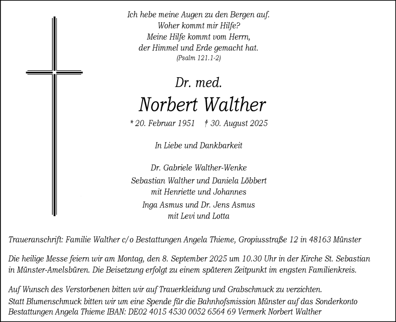  Traueranzeige für Dr. med. Norbert Walther vom 06.09.2025 aus 