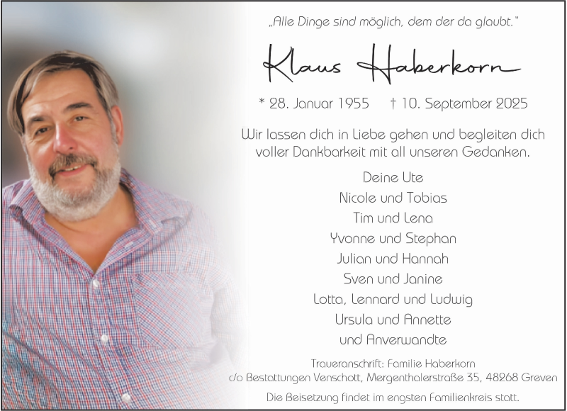  Traueranzeige für Klaus Haberkorn vom 17.09.2025 aus 