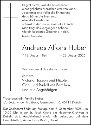 Anzeige von Andreas Alfons Huber 