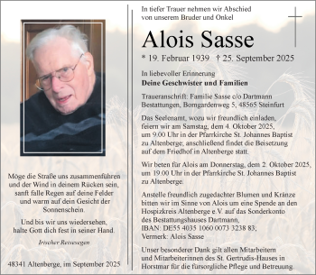 Anzeige von Alois Sasse 