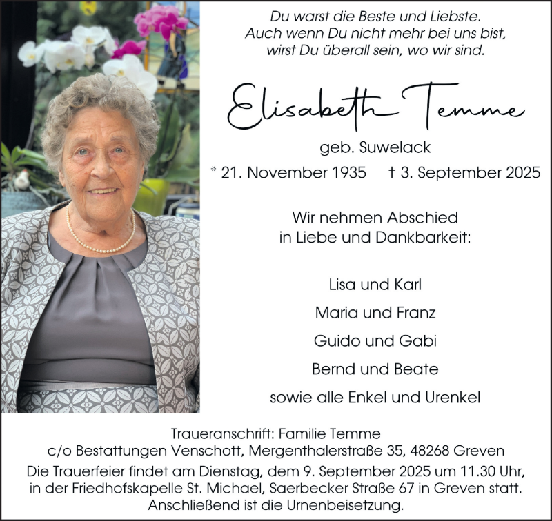  Traueranzeige für Elisabeth Temme vom 06.09.2025 aus 