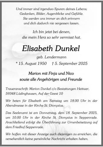 Anzeige von Elisabeth Dunkel 