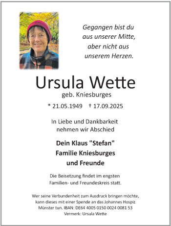 Anzeige von Ursula Wette 