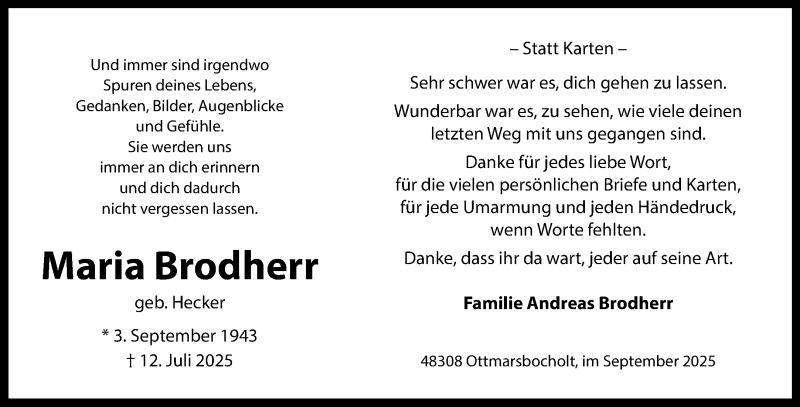  Traueranzeige für Maria Brodherr vom 13.09.2025 aus 