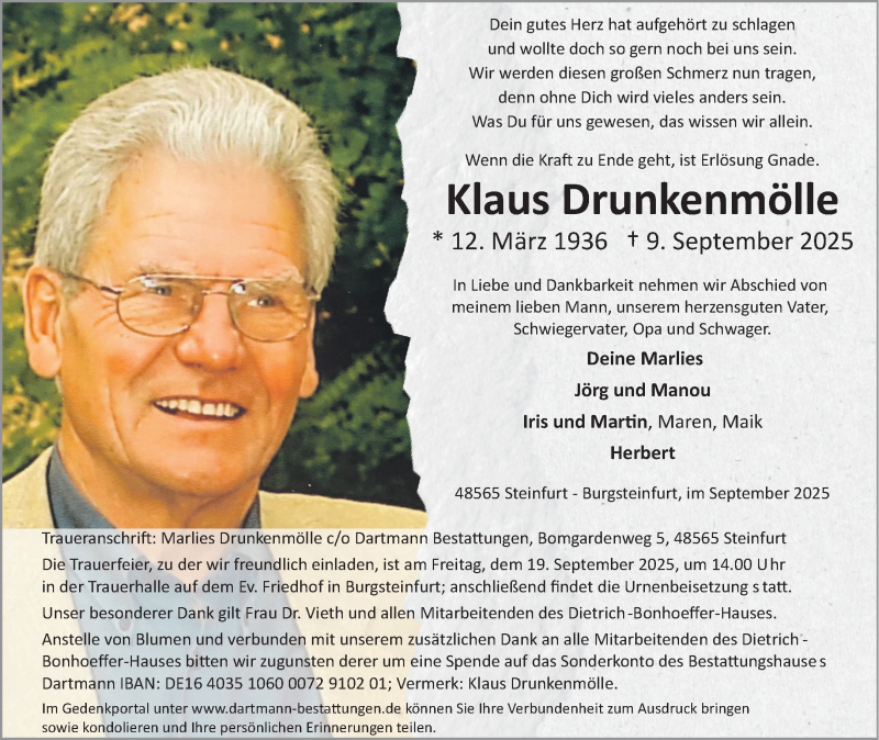  Traueranzeige für Klaus Drunkenmölle vom 13.09.2025 aus 