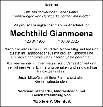 Anzeige von Mechthild Gianmoena 