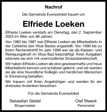 Anzeige von Elfriede Loeken 