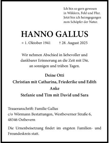 Anzeige von Hanno Gallus 