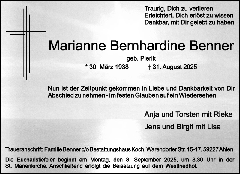 Traueranzeige für Marianne Bernhardine Benner vom 06.09.2025 aus 