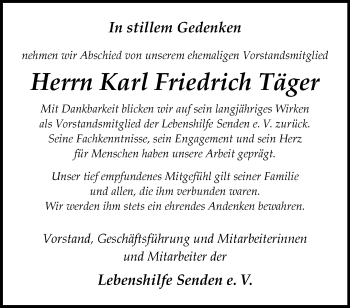 Anzeige von Karl Friedrich Täger 