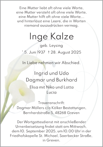 Anzeige von Inge Kalze 