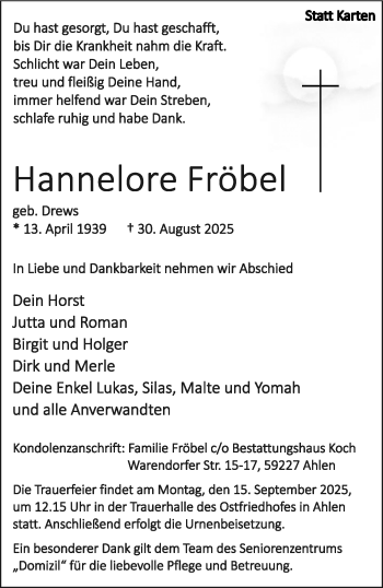 Anzeige von Hannelore Fröbel 