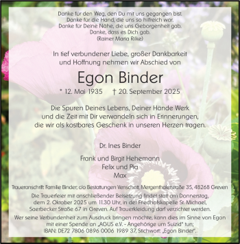 Anzeige von Egon Binder 