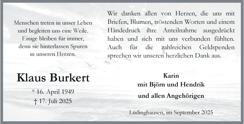  Traueranzeige für Klaus Burkert vom 13.09.2025 aus 
