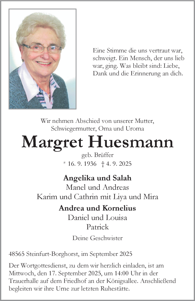  Traueranzeige für Margret Huesmann vom 13.09.2025 aus 
