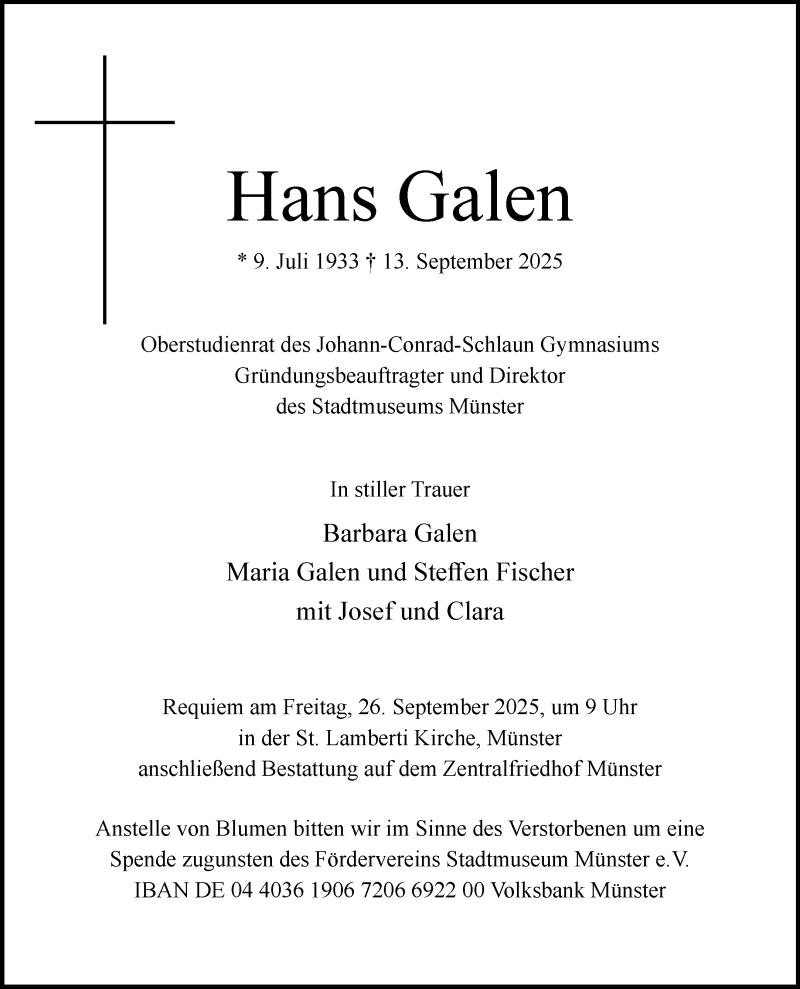  Traueranzeige für Hans Galen vom 20.09.2025 aus 